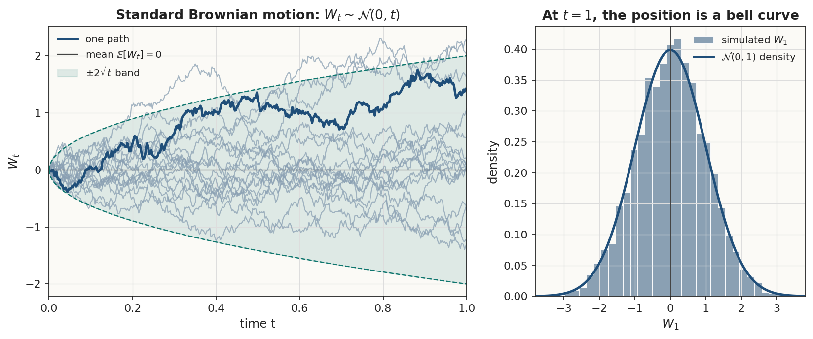 Standard Brownian motion: paths, the $\sqrt{t}$ envelope, and the law of $W_1$