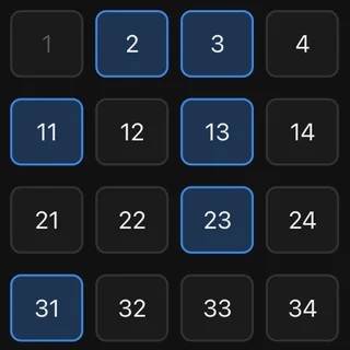 The integers 1 to 34 in a grid with the primes highlighted