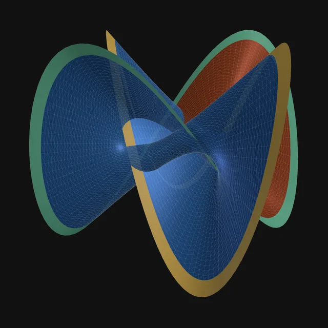 Morin's halfway model of a sphere eversion: a band, blue on one side and orange on the other, passing through itself, with its two rims in gold and green